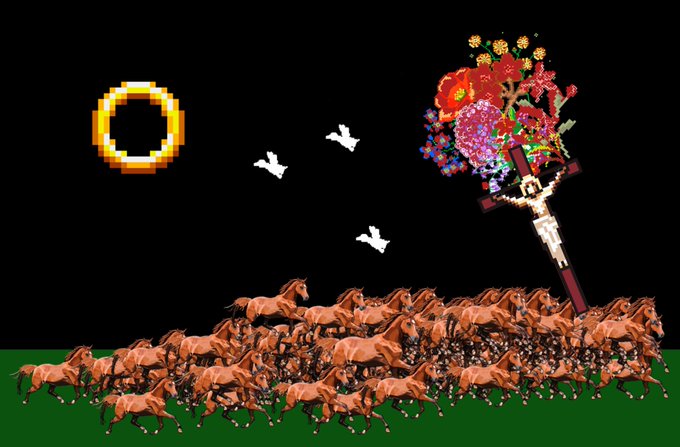 A surreal digital artwork featuring a gold ring, white doves, a crucified figure with a flower bouquet, and a herd of brown horses running across a green field.