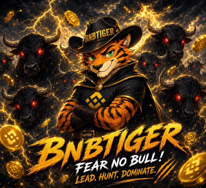 A digital illustration of an anthropomorphic tiger wearing a black cowboy hat reading 'BNBTIGER' and a black outfit, surrounded by menacing dark bulls with red eyes and floating gold coins, with the text 'BNBTIGER FEAR NO BULL! LEAD. HUNT. DOMINATE.'