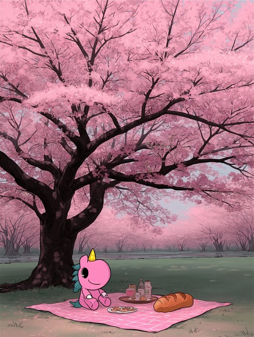 An animated illustration of a small pink unicorn having a picnic on a checkered blanket under a large blooming cherry blossom tree, with bread and small treats laid out.
