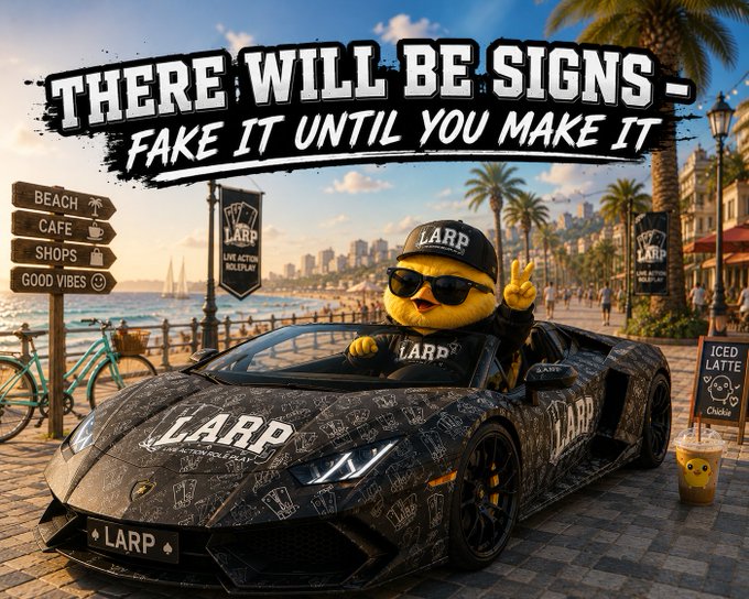 A humorous graphic titled 'THERE WILL BE SIGNS - FAKE IT UNTIL YOU MAKE IT' featuring a yellow duck mascot wearing a 'LARP' cap and sunglasses, driving a black Lamborghini decorated with 'LARP' branding along a sunny beach boardwalk.