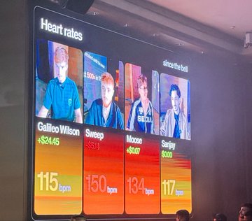 A screen displaying "Heart rates" of four attendees—Galileo Wilson (115 bpm, +$24.45), Sweep (150 bpm, -$5.47), Moose (134 bpm, -$0.07), and Sanjay (117 bpm, -$2.09)—from a "dance to the beat" interactive activity, likely at a Token 2049 event during the week.
