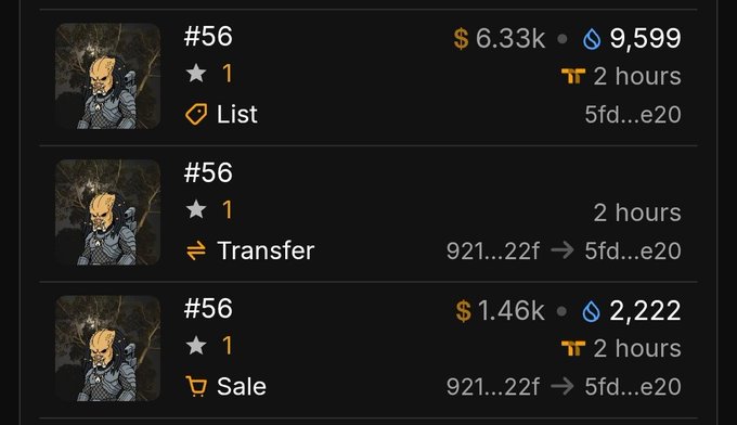 An NFT marketplace listing for item #56 shows three activity entries—List, Transfer, and Sale—with prices of $6.33k, and $1.46k, all timestamped 2 hours ago.