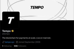 A Twitter/X profile card for the account 'Tempo' (@tempo) with the bio 'The blockchain for payments at scale. Live on mainnet.' featuring a black and white 'T' logo design.