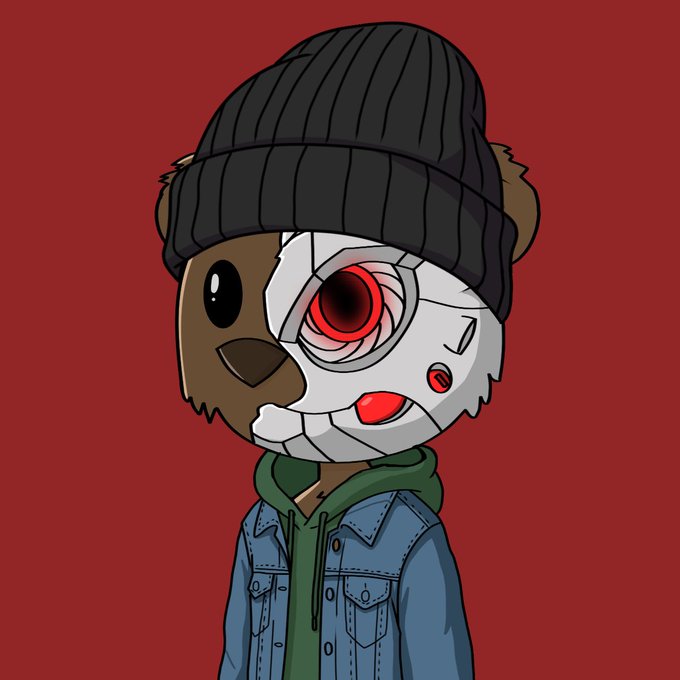 A digital illustration of a character wearing a black beanie, denim jacket, and a green hoodie, with half of their face appearing as a white mask with a red eye.