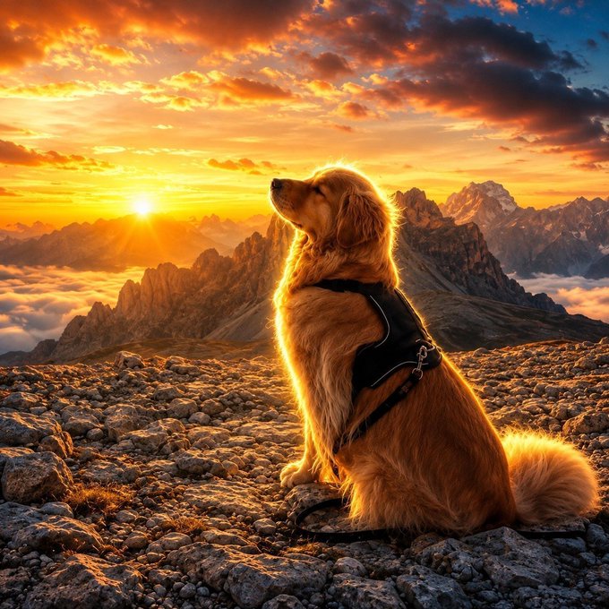 A golden retriever wearing a harness sits atop a rocky mountain peak at sunset, gazing serenely at the horizon. The radiant, golden aura surrounding the dog mirrors the post's "AURA" theme, evoking a sense of warmth, peace, and spiritual presence.