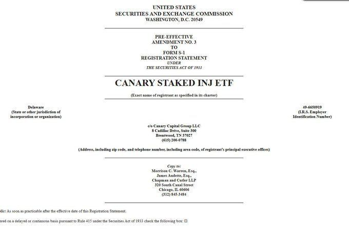 A SEC Form S-1 Pre-Effective Amendment No. 3 registration statement cover page for the 'CANARY STAKED INJ ETF' filed by Canary Capital Group LLC, located at 8 Cadillac Drive, Suite 300, Brentwood, TN 37027, with an IRS Employer Identification Number of 49-6650919.