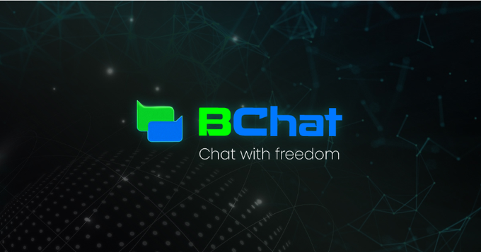 A promotional graphic for BChat with the tagline 'Chat with freedom' displayed against a dark background with green network/nodes imagery.