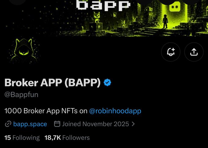 A verified X/Twitter profile page for "Broker APP (BAPP)" (@Bappfun) featuring 18.7K followers and announcing a 1000 NFT supply mint, matching the post's details about a free upcoming NFT drop on Robinhood scheduled for September 2 at 3 PM UTC.