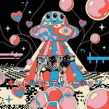 A vibrant, psychedelic digital illustration featuring a three-eyed UFO beaming up a cow, surrounded by floating pink planets, hearts, and Japanese text on a black background.