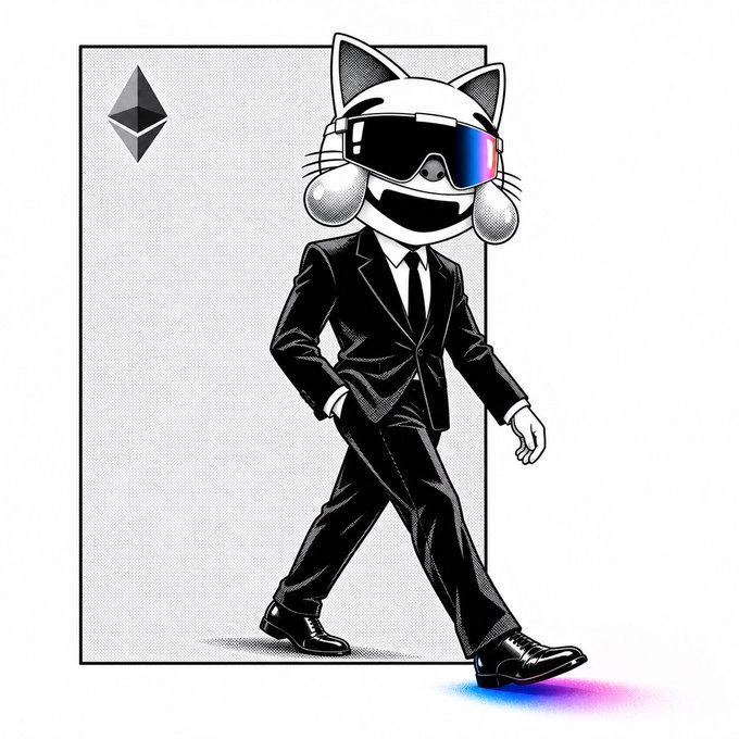 A stylized illustration shows a cartoon cat wearing reflective sunglasses and a black business suit, walking forward with the Ethereum logo in the upper left corner.