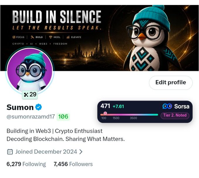 A Web3 profile for 'Sumon' (@sumonrazamd17) with banner text 'BUILD IN SILENCE LET THE RESULTS SPEAK,' showing 6,279 Following and 7,456 Followers.
