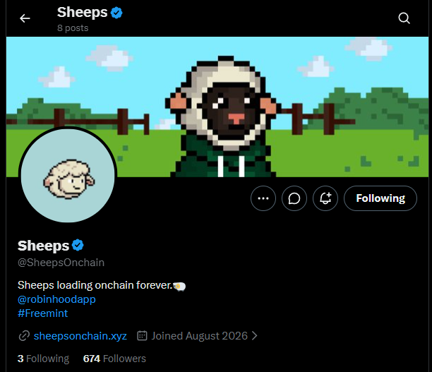 A Twitter/X profile for 'Sheeps' (@SheepsOnchain) shows pixel art of a sheep character with the bio 'Sheeps loading onchain forever.🐑 @robinhoodapp #Freemint' and website 'sheepsonchain.xyz'.