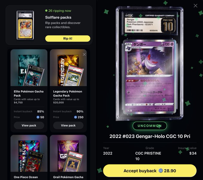 In this image, a screenshot of a Pokémon card market page from Solflare shows two card packs displayed side by side: one with a purple cover and the other with a clear cover featuring a picture of a Pokemon. The purple-covered pack has a price tag of $6.99. A Buyback button is present on the right side, allowing users to purchase the Pokémon card pack directly from their wallet for $29.00 or accept it as payment if they choose.