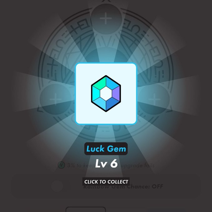 The image features a square-shaped gemstone with blue, green, and purple colors. The gemstone is surrounded by rays of light that create a glowing effect around it. Below the gemstone, there's text that reads "LUCK Gem Lv6". This suggests that the gemstone might be related to luck or fortune in some way.