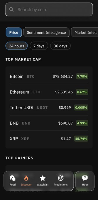 A mobile crypto app interface displaying 'TOP MARKET CAP' coins including Bitcoin ($78,634.27, +7.70%), Ethereum ($2,535.46, +8.67%), Tether USDt ($0.999), BNB ($690.07, +4.99%), and XRP ($1.47, +15.74%), with a bottom navigation menu.