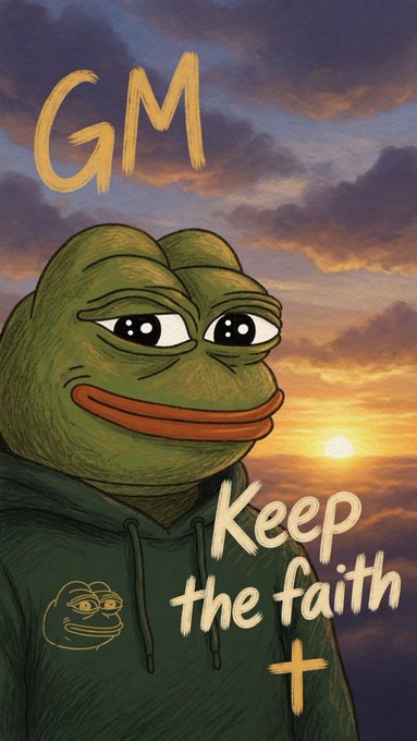 Digital illustration of the Pepe the Frog character wearing a hoodie against a sunset sky, with text reading 'GM', 'Keep the faith', and a small cross symbol.