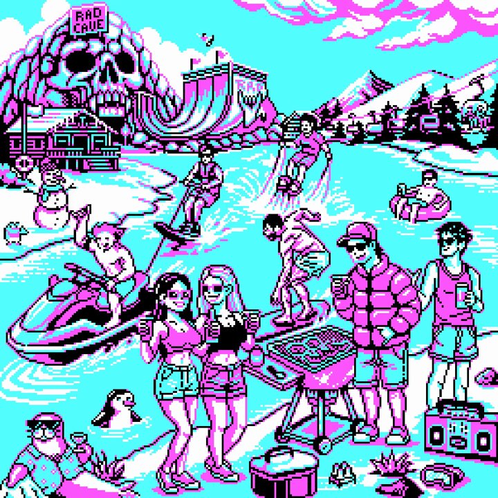 The image features a cartoon-style scene of people enjoying themselves at an amusement park or beach, with various activities taking place such as riding water slides, surfing, and playing games. The colors used are predominantly pink and blue, creating a fun and lively atmosphere. The caption for this image reads "Day #1046: Totally Radical Mint today' s canvas basepaint.xyz/mint".