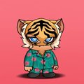 A small chibi-style character with tiger ears, blonde hair, and a teal outfit stands against a solid pink background.