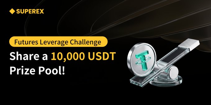 The image is a promotional banner for the SuperEx Futures Leverage Challenge, featuring a 3D render of a seesaw balanced on a coin displaying the USDT (Tether) logo. It highlights a 10,000 USDT prize pool for participants trading with 20x–150x leverage between June 30 and July 10 (UTC).