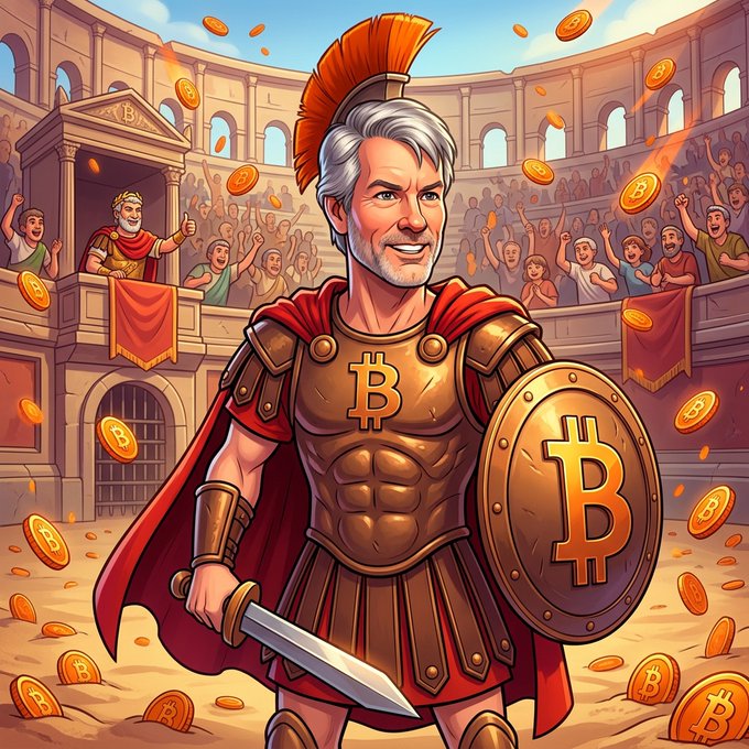An illustrated image of a smiling warrior with a red cape and crest, wearing armor and carrying a shield embossed with the Bitcoin logo amidst falling coins.