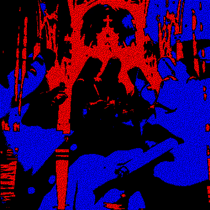 The image shows a stippled, three-tone (red, blue, and black) pixelated artwork depicting hooded figures and a cross-like symbol, evoking a dark, ritualistic aesthetic that aligns with the gritty crypto-art style of Heathens. The post celebrates receiving this Fully on-chain edition NFT from the artist iamgilroy as a gift.