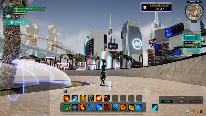 A screenshot from a video game showing a character standing in a futuristic city environment called 'Digimax City', with an 'EXPLORER HUNT' timer at 08:37 and various ability icons displayed at the bottom.