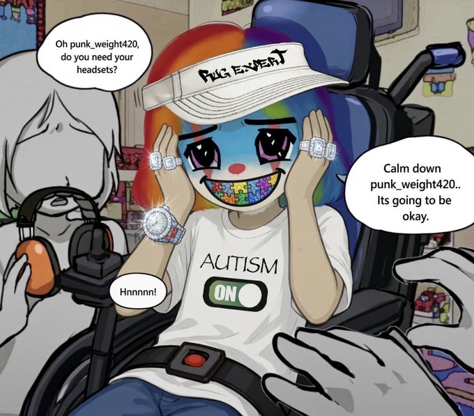 A colorful cartoon illustration of a character wearing a "PULSE EVENT" visor and an "AUTISM ON" t-shirt, with speech bubbles saying "Oh punk_weight420, do you need your headsets?" and "Calm down punk_weight420.. Its going to be okay."