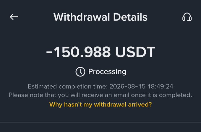 The image displays a "Withdrawal Details" screen showing a pending withdrawal of -150.988 USDT currently in "Processing" status, with an estimated completion time of 2026-08-15 18:49:24 and a link asking "Why hasn't my withdrawal arrived?" This relates to the "$TUT" profit-sharing announcement by suggesting the withdrawal reflects profits being taken out, likely connected to receiving the upcoming $TUT token distribution.