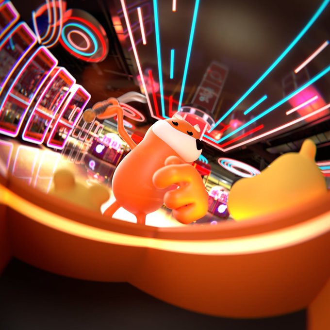 A 3D animated character resembling a small animal in a white outfit posing dynamically in a neon-lit arcade-like environment.