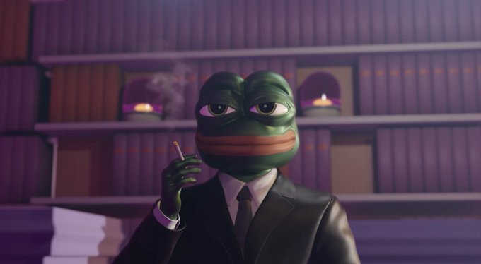 A 3D-rendered Pepe the Frog wearing a suit and tie, smoking a cigarette while seated in a dimly lit, purple-toned library.