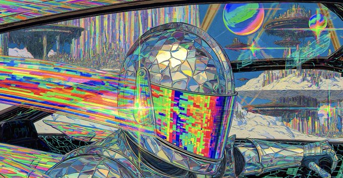 A colorful, surreal digital artwork featuring an astronaut helmet with a mosaic faceplate and a rainbow-colored visor, surrounded by vibrant abstract elements and cosmic scenery.