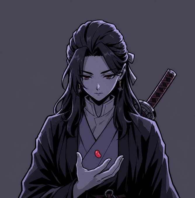 An anime-style illustration of a long-haired figure in dark robes holding a small red gem, with a katana sheathed at their back.