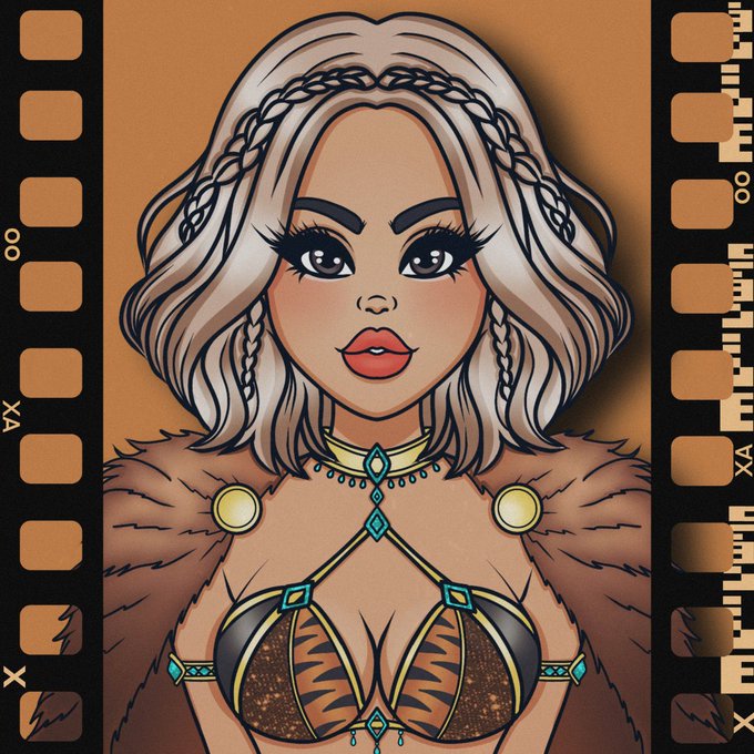 A stylized digital illustration depicts a fierce female warrior with braided blonde hair, bold makeup, and tiger-print armor with gold and turquoise accents, framed by a vintage film strip border. The image visually embodies the post's message of empowerment, "Be a warrior, Not a worrier," linking the battle-ready character to an OpenSea NFT collection called "brb."