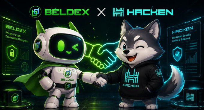 A promotional graphic featuring a handshake between two cartoon mascots—a robot and a husky—representing a partnership between BELDEX ('Privacy-Focused Decentralized Ecosystem') and HACKEN ('Blockchain Security Audits & Solutions').