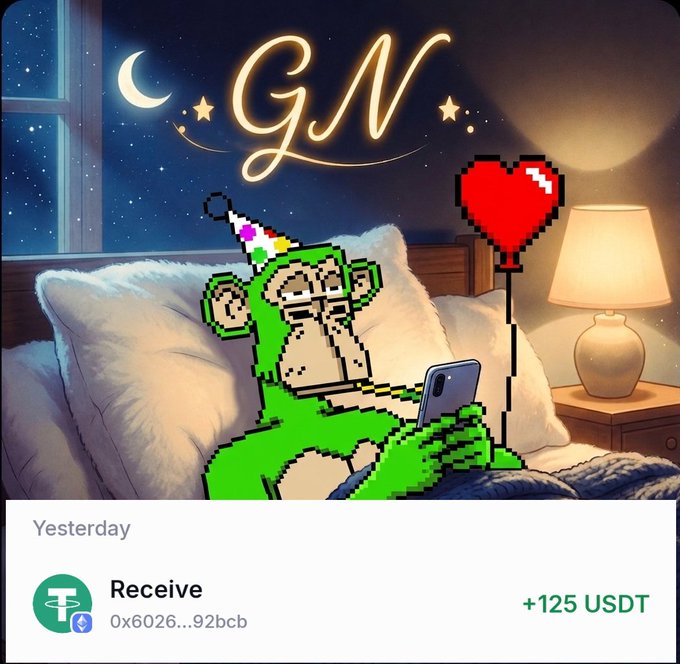 A pixel art green monkey wearing a party hat in bed under a 'GN' sign, with a USDT transaction receipt for +125 USDT displayed below.
