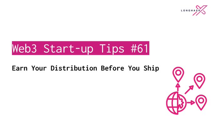A title slide reading 'Web3 Start-up Tips #61' with the subtitle 'Earn Your Distribution Before You Ship' alongside a globe and location pin graphic, branded with the LongHash logo.