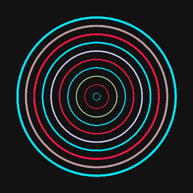 A series of concentric circles in various colors including teal, brown, red, light purple, yellow, and white, arranged from largest to smallest around a central point on a black background.