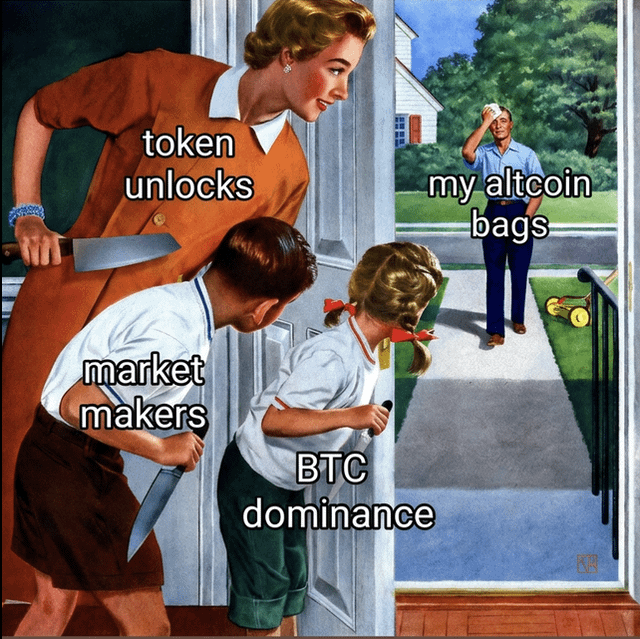 The caption for this image could read: "In this humorous social commentary, an alarmed mother confronts ‘token unlocks,’ ‘market makers,’ ‘BTC dominance,’ and ‘my altcoin bags,’ mirroring the sentiment of a concerned altcoin holder."