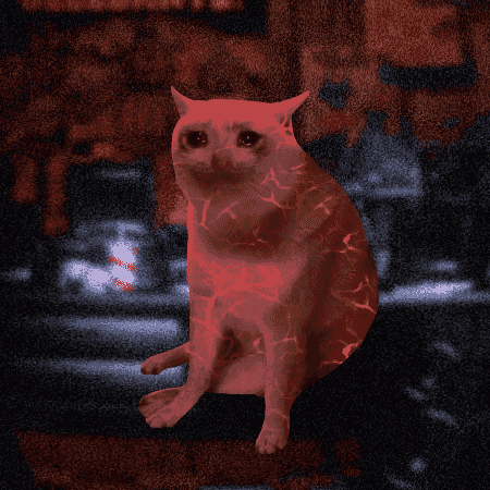 A stylized red-tinted image of a cat with glowing crack-like patterns on its body, sitting in a dimly lit, urban environment with graffiti-covered walls.