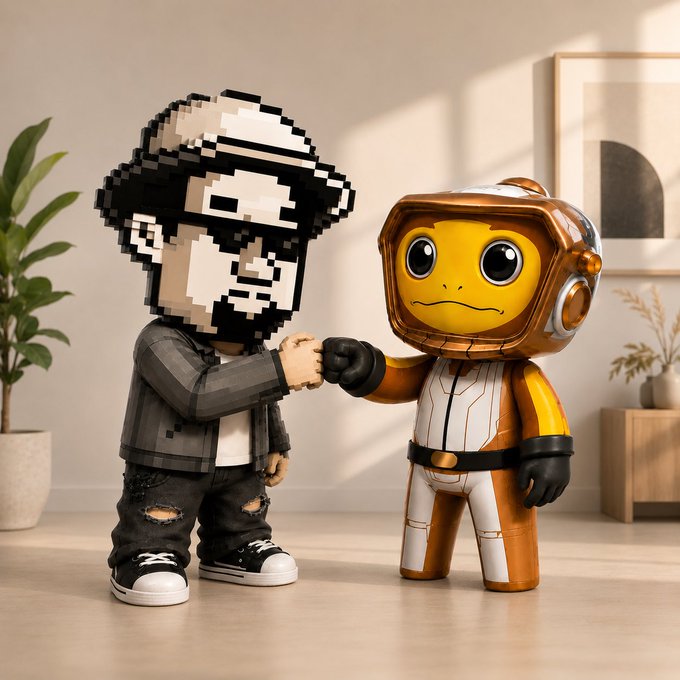 Two stylized 3D collectible figures, one resembling a pixelated character in a bucket hat and the other an orange astronaut/space suit figure, bumping fists in a minimalist room.