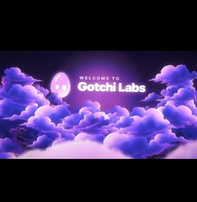 Animated title screen reading 'WELCOME TO Gotchi Labs' with a pink ghost-like character floating above stylized purple clouds.
