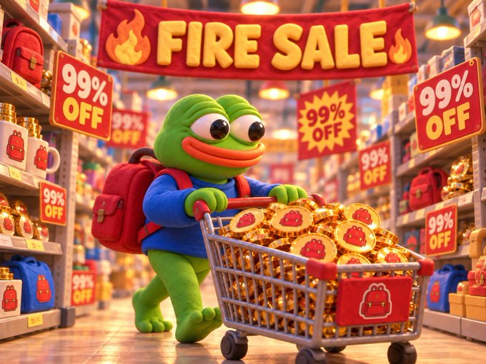 3D-rendered cartoon scene of a green frog character pushing a shopping cart full of golden coins and items in a store, with multiple "99% OFF" signs and a "FIRE SALE" banner hanging above.