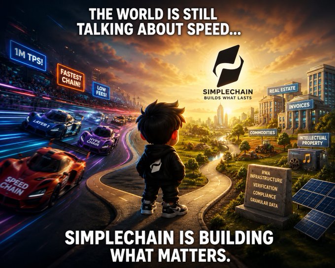 A promotional graphic for 'SIMPLECHAIN' featuring a character looking at a futuristic city, with the tagline 'THE WORLD IS STILL TALKING ABOUT SPEED... SIMPLECHAIN IS BUILDING WHAT MATTERS.' and mentions of RWA, Real Estate, and IP.
