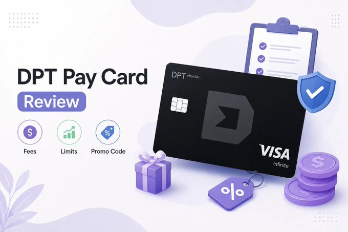 A promotional banner titled 'DPT Pay Card Review' featuring a black 'DPT' Visa Infinite card alongside icons labeled 'Fees', 'Limits', and 'Promo Code', with decorative elements including a gift box, coins, and a security shield.
