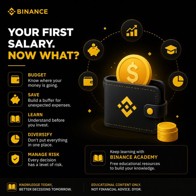 A Binance educational infographic titled 'YOUR FIRST SALARY. NOW WHAT?' advising on budgeting, saving, learning, diversifying, and managing risk, with a footer noting 'EDUCATIONAL CONTENT ONLY. NOT FINANCIAL ADVICE. DYOR.'