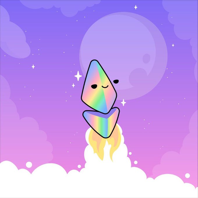 A cute cartoon illustration of a rainbow-colored rocket ship with a smiling face launching into a purple starry sky with a moon and clouds.