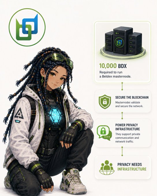 An anime-style illustration of a woman with braided hair accompanies an infographic about Beldex masternodes, noting a '10,000 BDX' requirement to secure the blockchain and power privacy infrastructure.