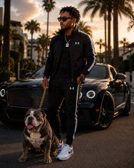 A man in a black tracksuit stands beside a dark Bentley with a pit bull dog on a chain, set against a sunset backdrop with palm trees.