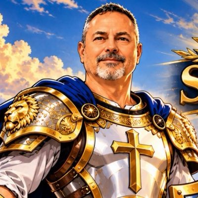 An illustrated fantasy portrait of a middle-aged man with a goatee wearing ornate gold and silver armor with a prominent cross emblem and blue cape.