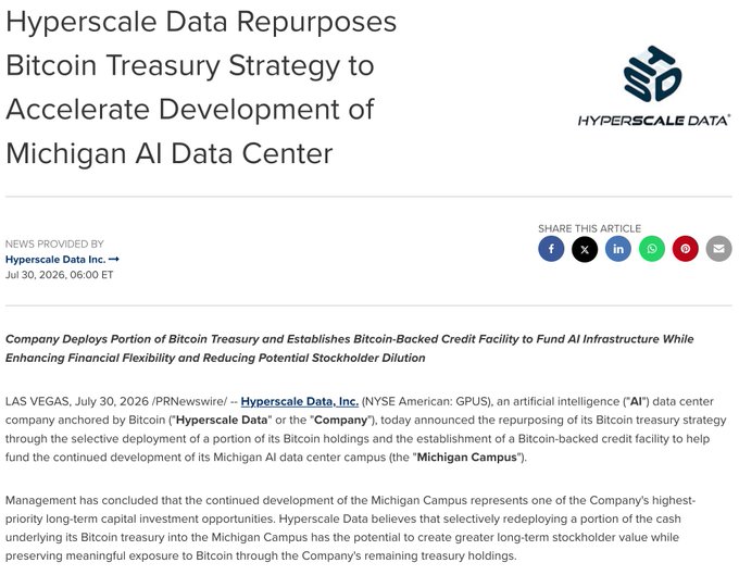 A news article headline stating 'Hyperscale Data Repurposes Bitcoin Treasury Strategy to Accelerate Development of Michigan AI Data Center', with the Hyperscale Data logo and text explaining the deployment of Bitcoin holdings to fund the Michigan Campus.